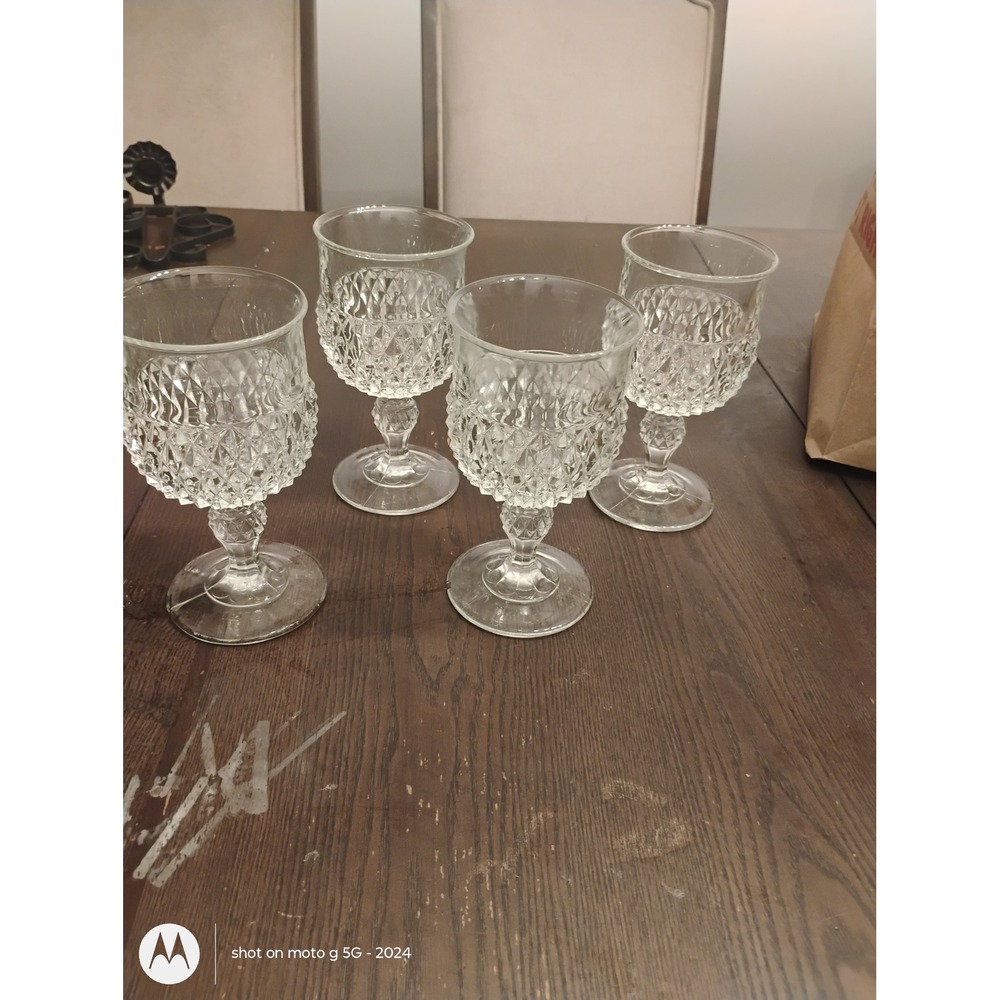 Vintage Style Clear Pressed Glass Wine Goblets Diamond Pattern Set of 4